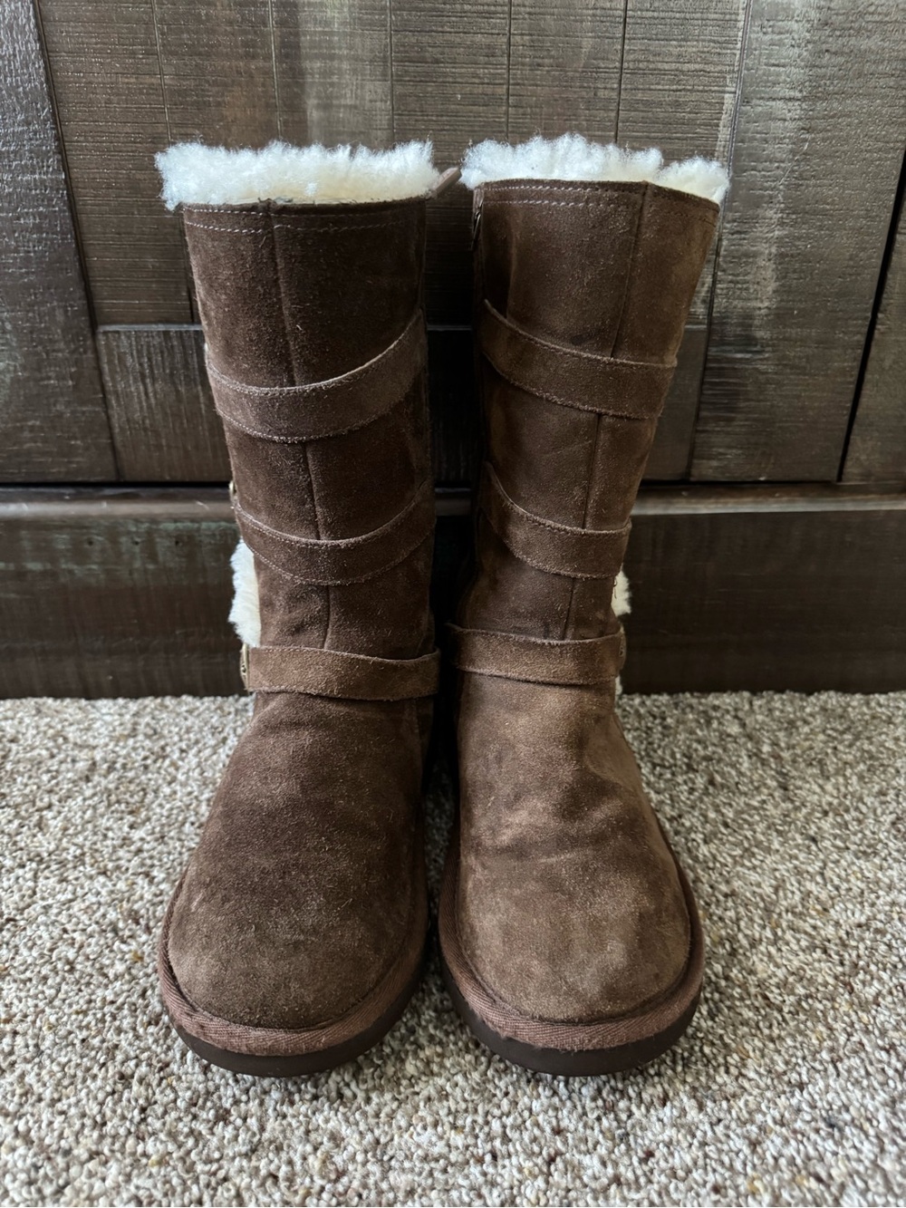 UGG Maddi Brown Leather Triple Buckle Mid-Calf Boots with Side Zipper - Size 3Y - Picture 4 of 10